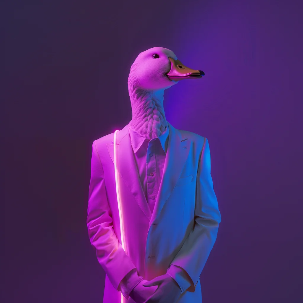 The Wise Duck Dev mascot dressed in a neon-lit suit, symbolizing advanced GPT technology and custom GPT solutions for web, mobile, AI, blockchain, and video game development.