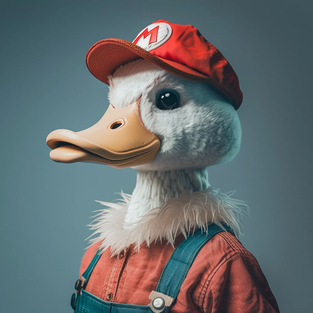 The Wise Duck Dev dressed as Mario Bros, embodying the spirit of video game technology mastery, with a focus on game development through specialized GPTs.